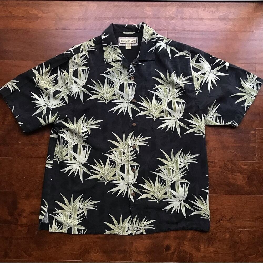 Jamaica Jaxx 100% Silk Tropical Shirt, Washed Black with Bamboo Fronds, Size Med